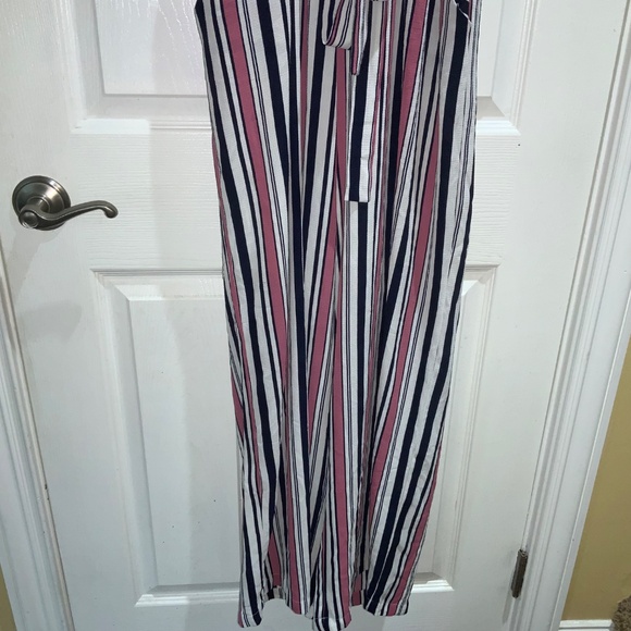 Sophia + Zeke faux wrap pink black striped jumpsuit Sz XL cap sleeve waist tie - Picture 2 of 10